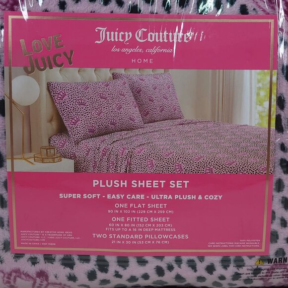 Juicy Couture Queen Plush Sheet Set Leopard & Logo Crown Print Purple Pink - Picture 9 of 10